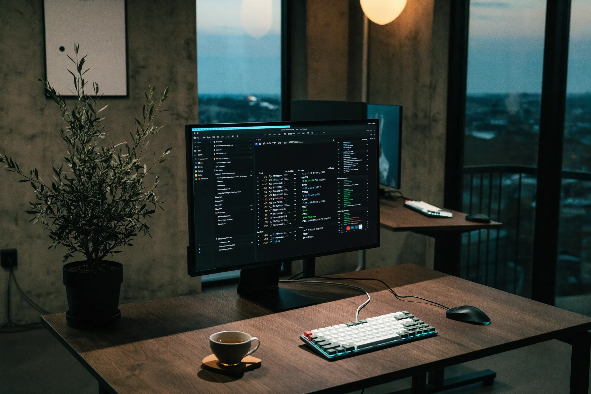 Moderner, minimalistischer Entwickler-Arbeitsplatz mit großem Monitor, mechanischer Tastatur und Blick aus dem Fenster in der Abenddämmerung